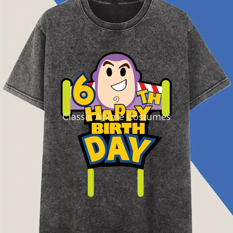 

Disney Authorizes Buzz Lightyear's 6th Birthday Cool Pattern Print Unisex Men Retro Washed T-shirt Pure Cotton Short Sleeved Top