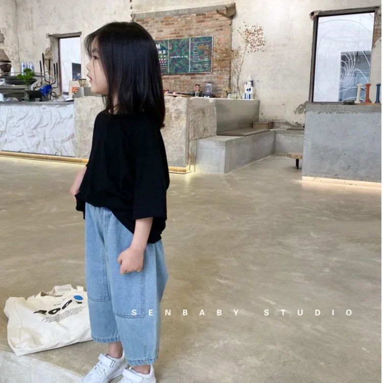 Girls\' Jeans Autumn 2021 New Children\'s Pure Color Simple Casual Korean Loose Cotton Denim  Ankle-length Girls Pants