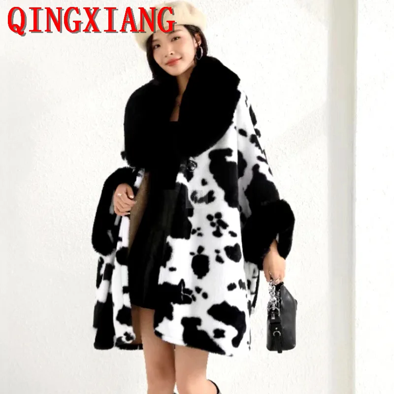 

15 Lady Loose Faux Rabbit Fur Woolen Animal Leopard Cardigan Capes Women Winter Thick Batwing Sleeve Loose Cloak Streetwear Coat