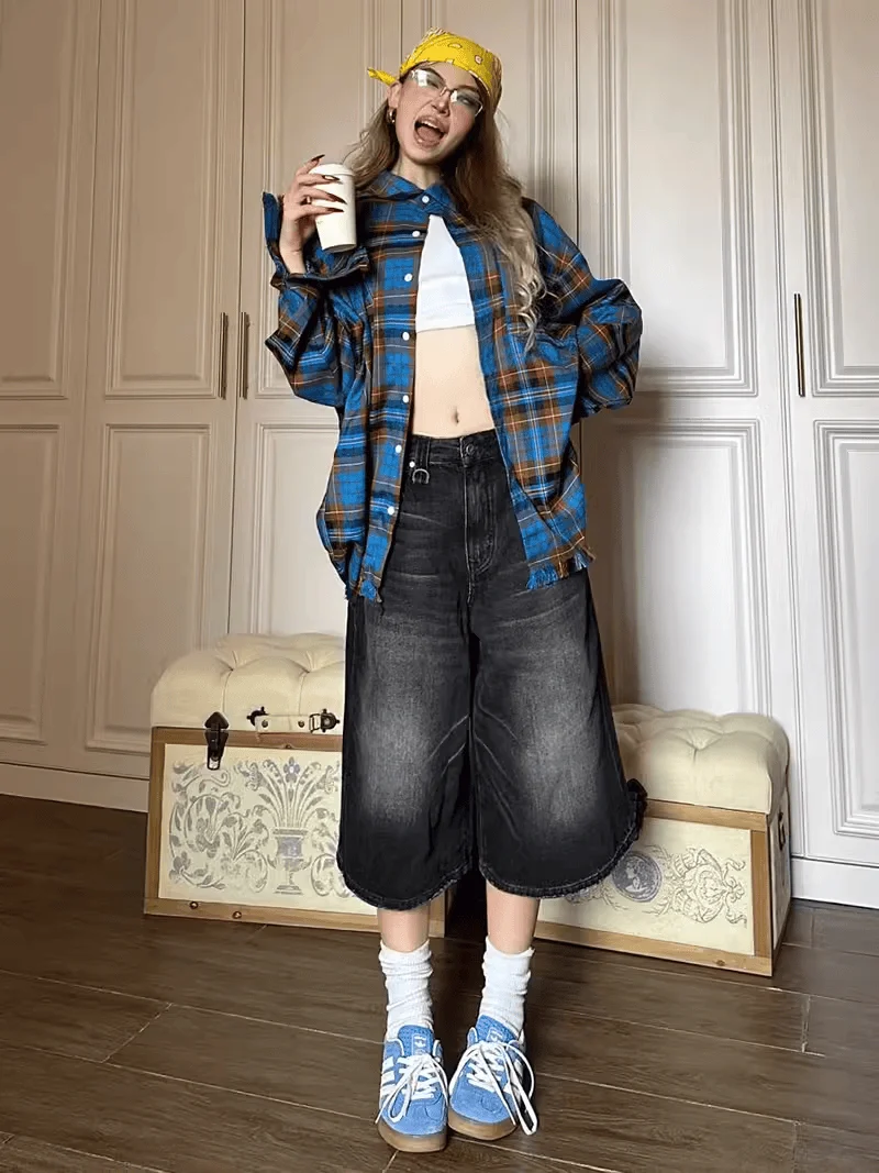

Retro American Blue Plaid Shirt Women's Spring Autumn Casual Long Sleeve Loose Versatile Outdoor Top UV Protection Fashionable