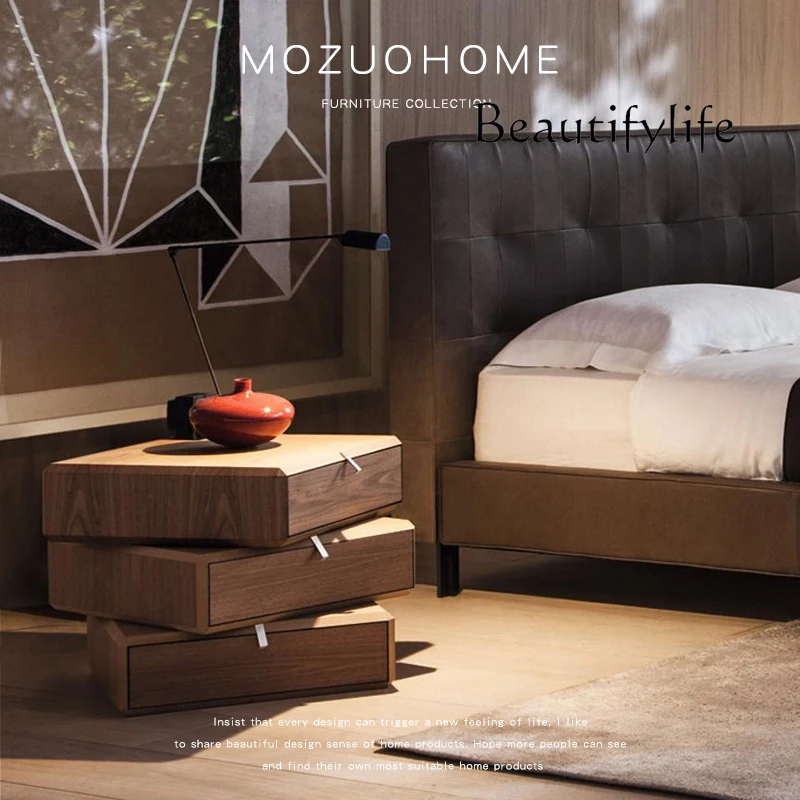 Italiaans minimalistisch creatief massief houten nachtkastje, modern design, multifunctioneel slaapkamerkastje
