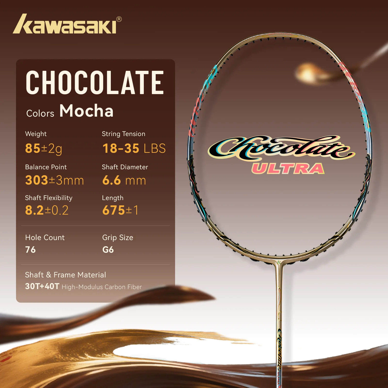 Kawasaki CHOCOLADE ULTRA 4U Carbon Badminton Racket 6.6mm As 18-35LBS Hoge Spanning Snelheid Singles/Dubbels Professionele Racket
