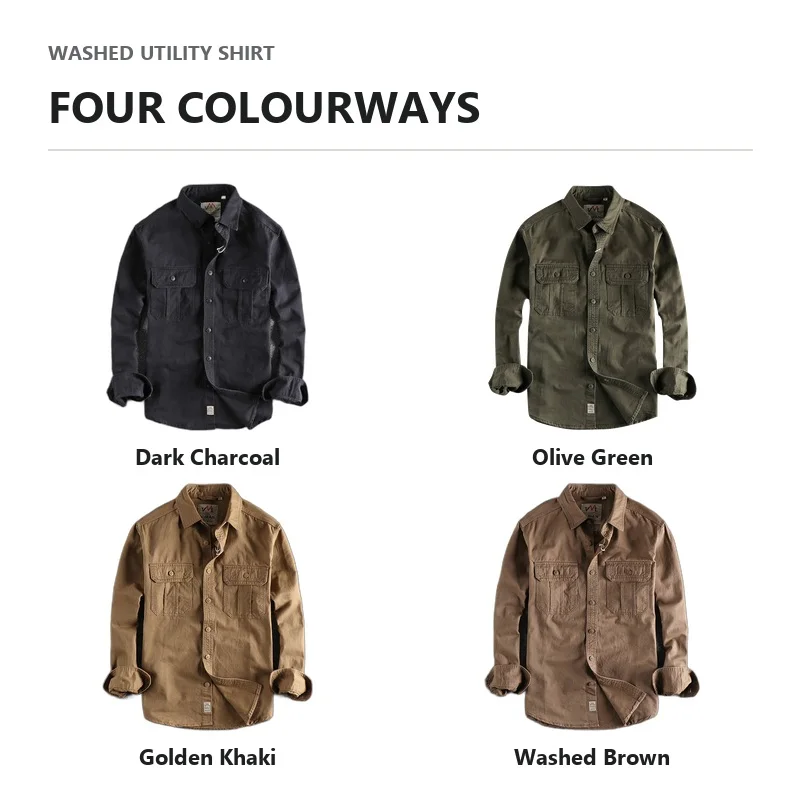 Men Vintage Washed Workwear Shirt Jacket Multi Pocket Long Sleeve Casual Overshirt Outdoor Utility Military Style Top