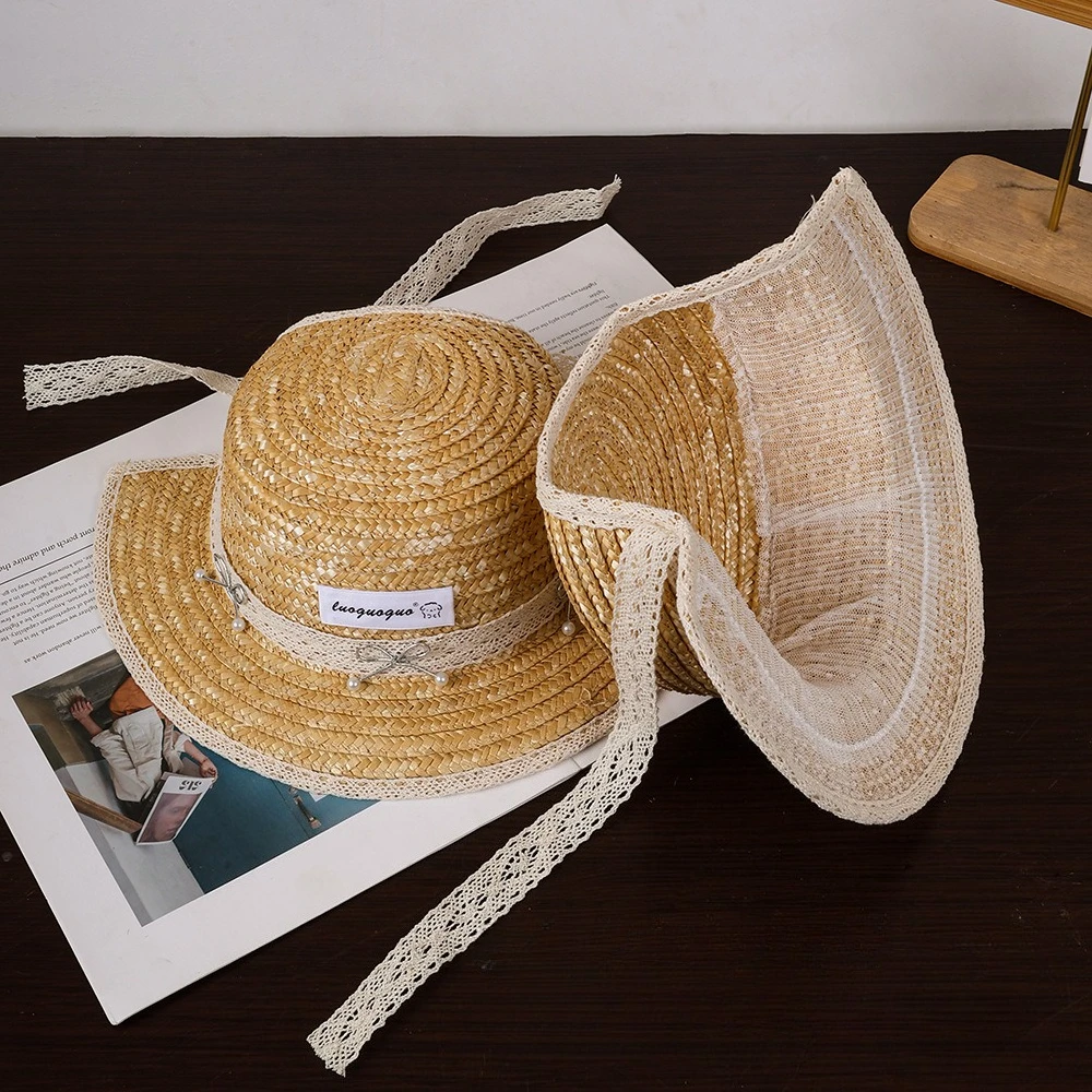 Sommerhut für Mädchen im französisch-britischen Stil aus Weizenstroh mit Spitze, flacher Krempe, eleganter UV-Schutz, Sonnenhut für Outdoor-Aktivitäten – Detail 8