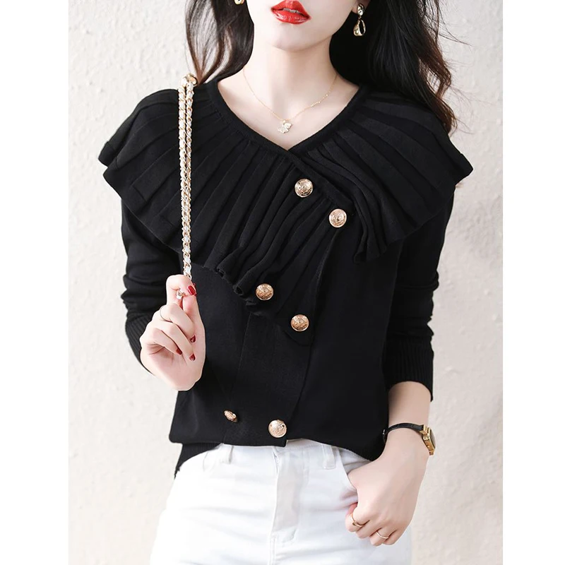 Autumn Winter Women Stylish V Neck Ruffles Design Elegant Chic Knitwear Female Korean Black White Long Sleeve Slim Pullover Tops