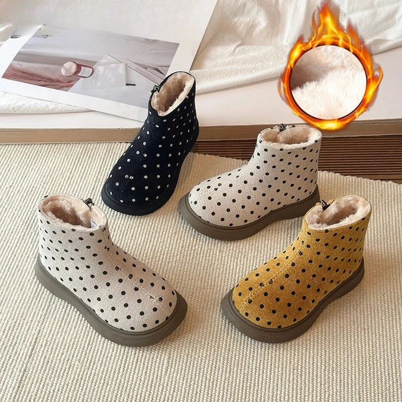 Mumoresip Winter Kids Platform Boots Polka Dot Girls Cotton Boots for Outdoor Furry Hairy Non-slip Children's Warm Ankle Boots