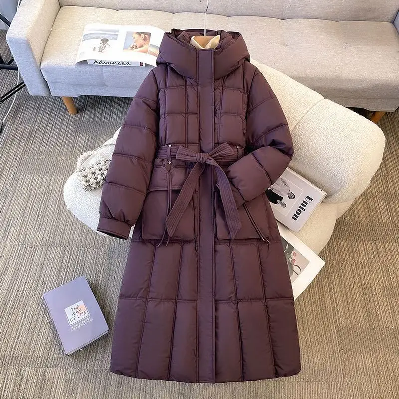 

Winter Coat 2025 New Women's Thick Down cotton Hooded Jacket Fashion Slim Warm Parka Long Coats With belt Ladies Winter Jackets