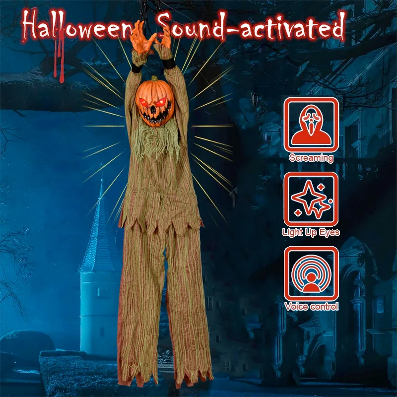 Halloween Animated Hanging Pumpkin Man Zombie Ghost with Glowing Eyes Creepy Sound Scary Haunted House Party Outdoor Decorations