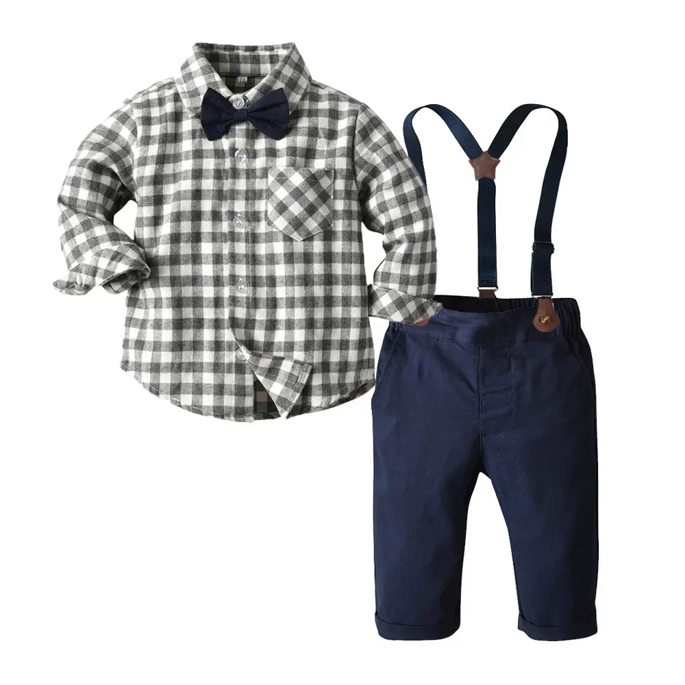 Children\'s Plaid Shirt and strap pants set for Boys with Bow Tie baby boy clothes 0 to 3Y Autumn Boys Clothes 70-130cm