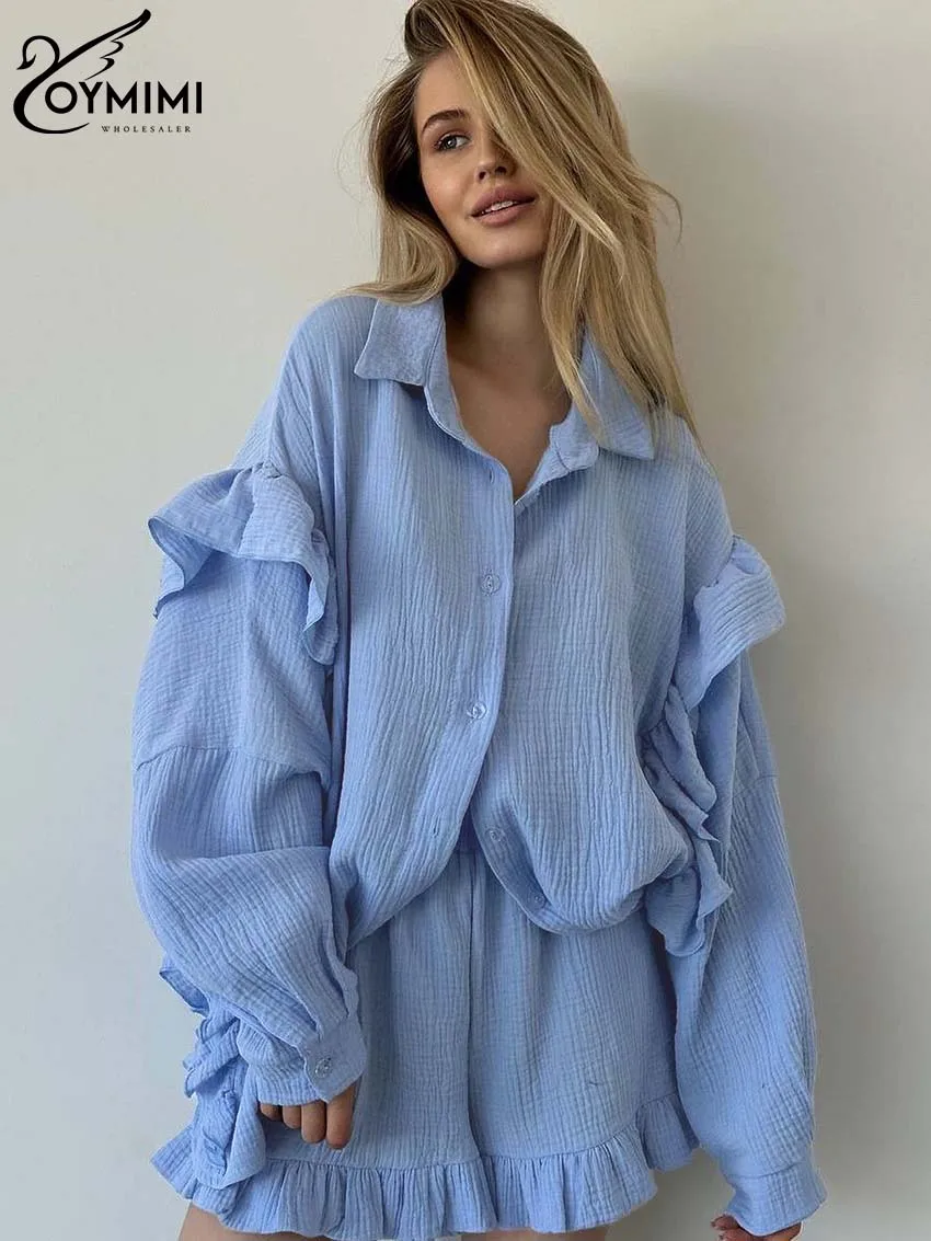 Oymimi Casual Blue Cotton Sets For Women 2 Pieces Elegant Lapel Long Sleeve Ruffled Shirts And High Waisted Solid Shorts Sets