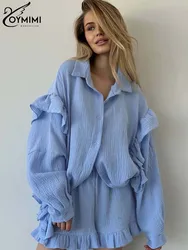 Oymimi Casual Blue Cotton Sets For Women 2 Pieces Elegant Lapel Long Sleeve Ruffled Shirts And High Waisted Solid Shorts Sets