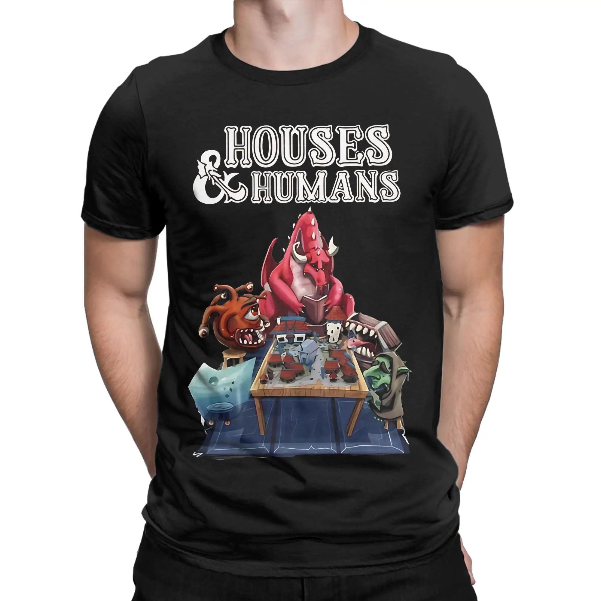 Print Houses And Humans Board Games  T Shirt Men's Round Neck Short Sleeve Clothes DnD 100%Cotton Summer Clothing