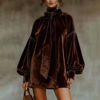 American Retro High Collar Lantern Sleeve Long Sleeve Bow Tie Elegant Velvet Women Mini Dresses Casual Autumn High Street Dress 2