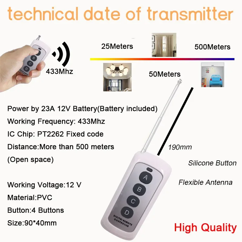 433mhz Wireless Remote Control DC 3.6V 6V 12V 24V 1CH Relay Receiver Module With Over 500meters Transmitter For LED Lamp Light