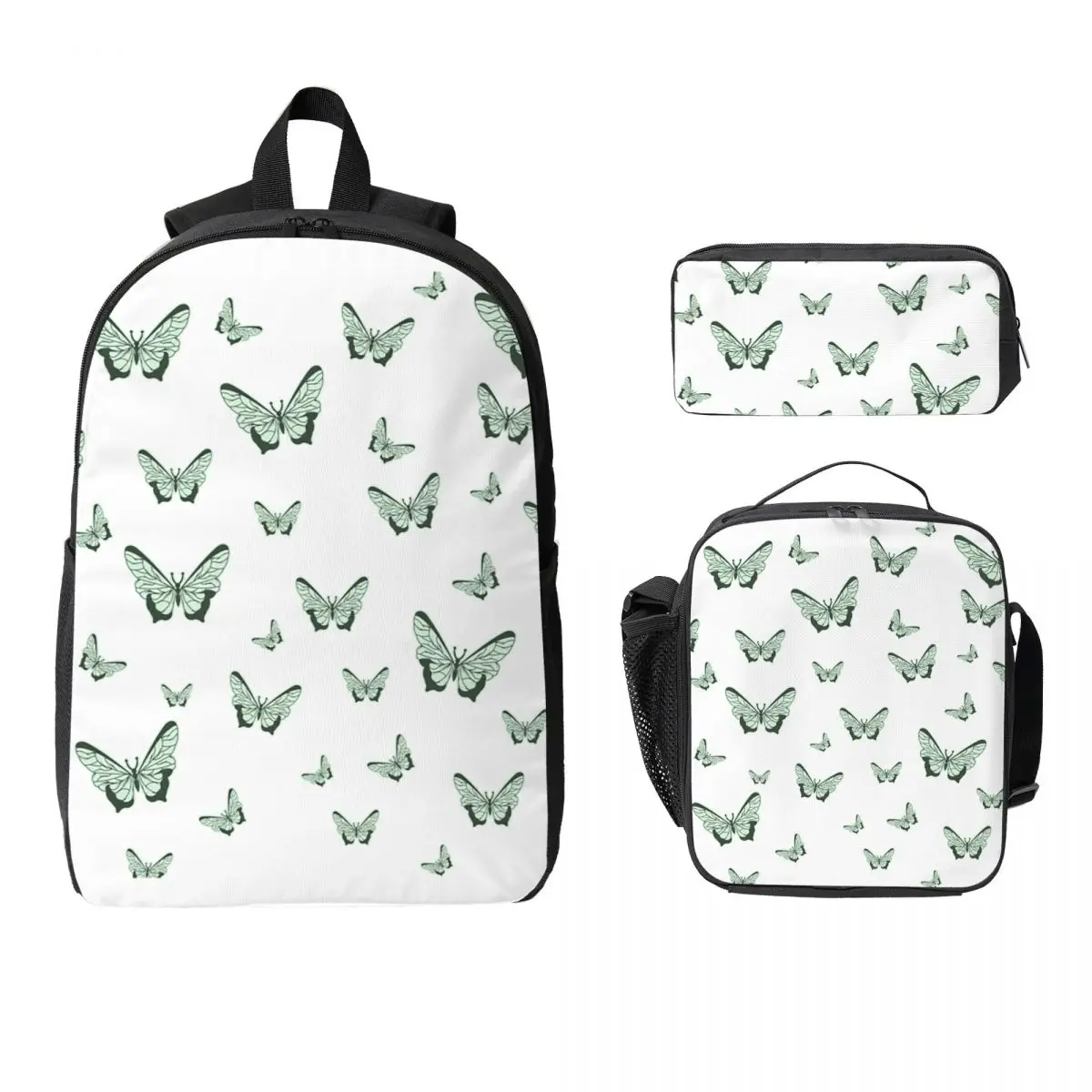 

Sage Green With Soft Green Butterflies Backpack BookBag School Bag Laptop Shoulder Bags 3ps Insulated Lunch Bag Pencil Case
