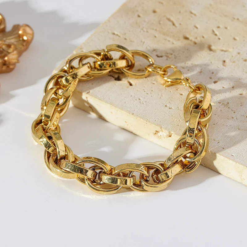 GANEMLY 316L Stainless Steel Metal Thick Cuban Chain Bangle Bracelet For Women Fashion Gold Color Wrist Chain Waterproof Jewelry