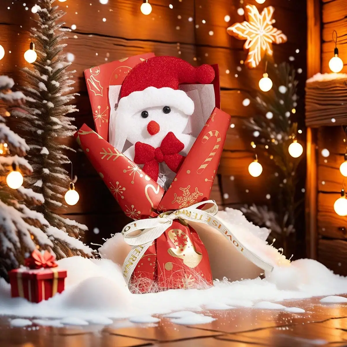 

Рождественский фаршированный букет Санта-Клауса, завернутый в праздничном красно-зеленом бумажном праздничном декор для рабочего стола для домашнего офиса