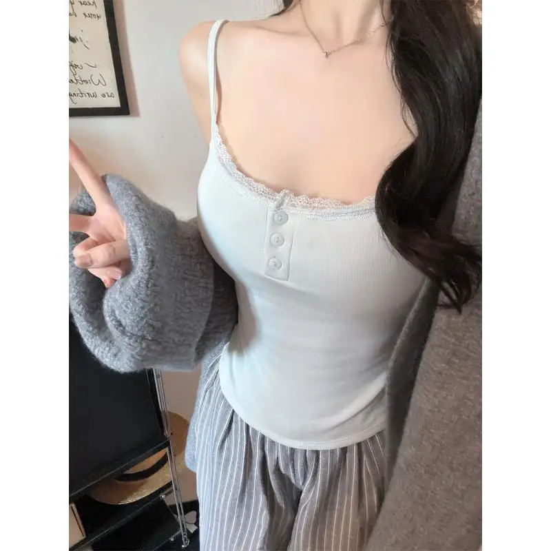 40-55k'g Lace Girl Small Sling Women Inner Top Slim Fit Cotton Vest Chest Pad Removable Beautiful Back 6150 White Blue Ladies