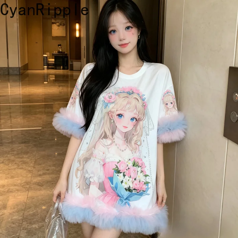 

Dopamine All-match Summer Women Elegant Lace Splicing Half Sleeve T-shirt Mid-long Princess Dress Round Neck Sweet Princess Top