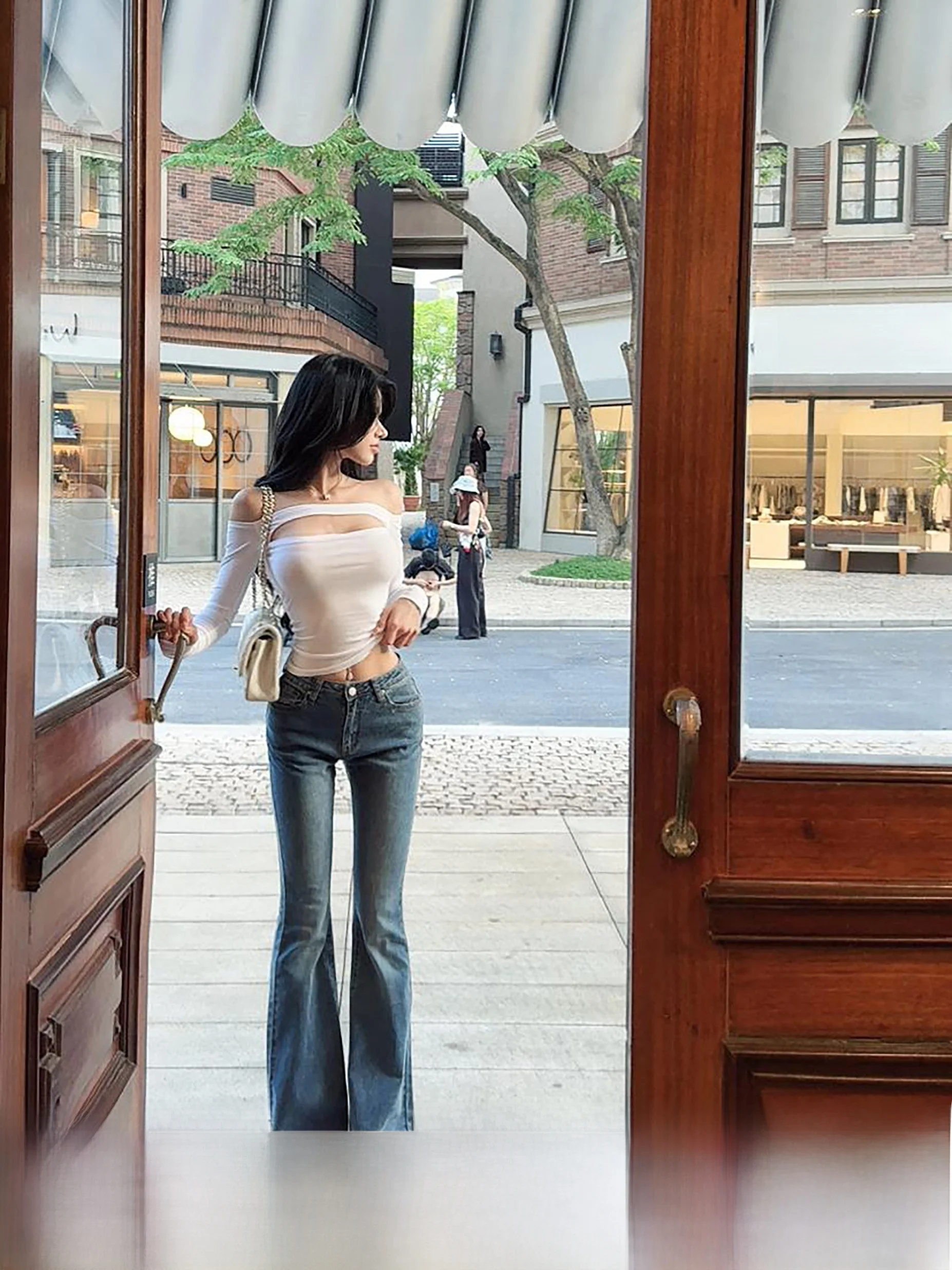 

Синие джинсы микро-клеш для женщин, облегающие, длинные, прямые, зимние, новые, с низкой посадкой, на пуговицах, цветные