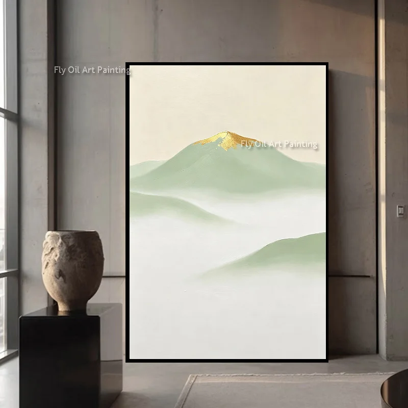 Abstract Brown Yellow Grey Canvas Thick Wall Art Items For Home Hall Decor Hand Painted Green White Mountains View Oil Painting