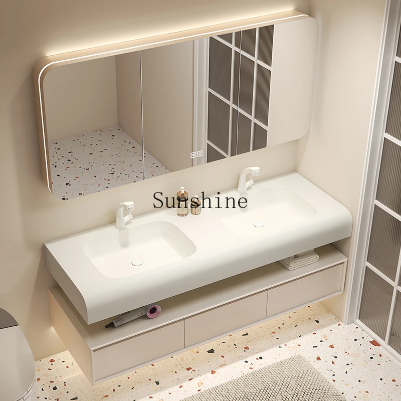 Light luxury bathroom cabinet combination skin feeling integrated basin oak double layer, bathroom custom, modern