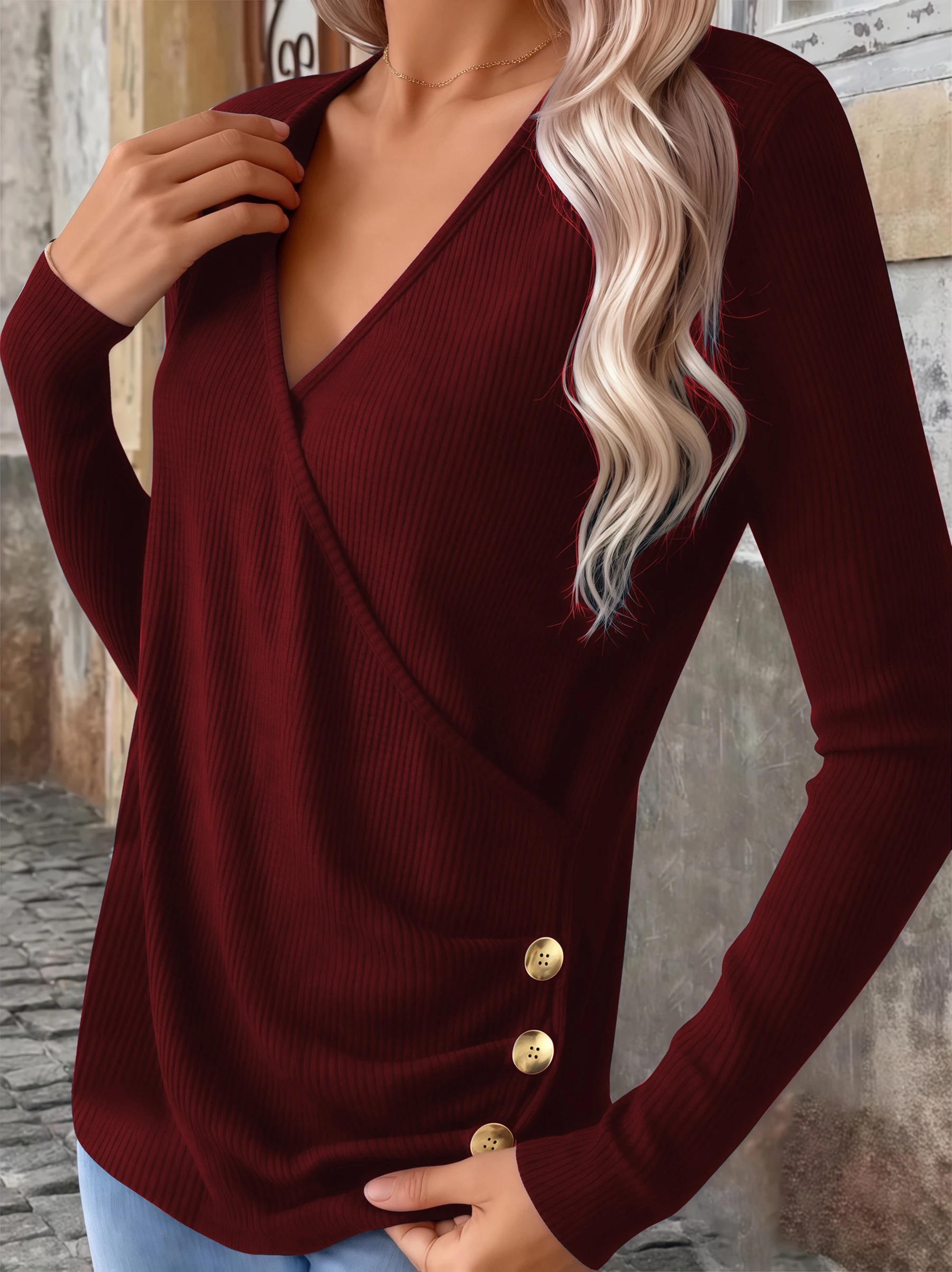 우아하고 패셔너블한 여성용 단색 브이넥 긴팔 니트 탑 버튼 디테일과 패널 디자인