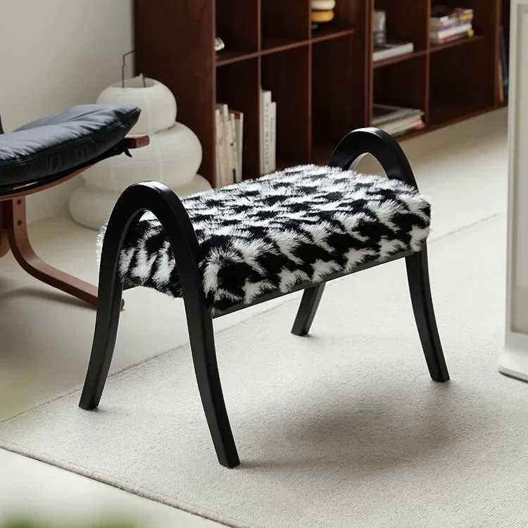 Mink fleece shoe changing stoolsolid wood household Internet celebrity low stool used designer small stool designer retro style