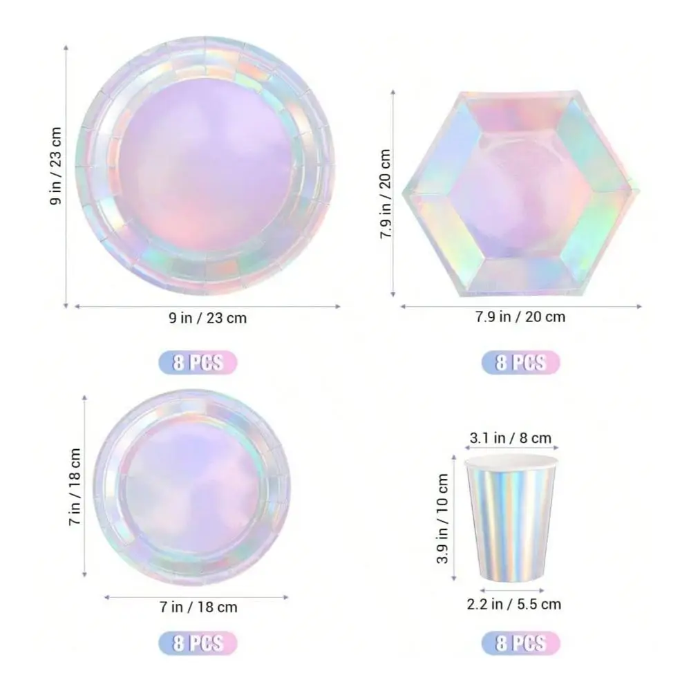 Tableware Set 32 Pack Iridescent Paper Plates And 9 Oz Paper Cups Hexagon Round Shape Disposable Tableware Birthday Parties Wed