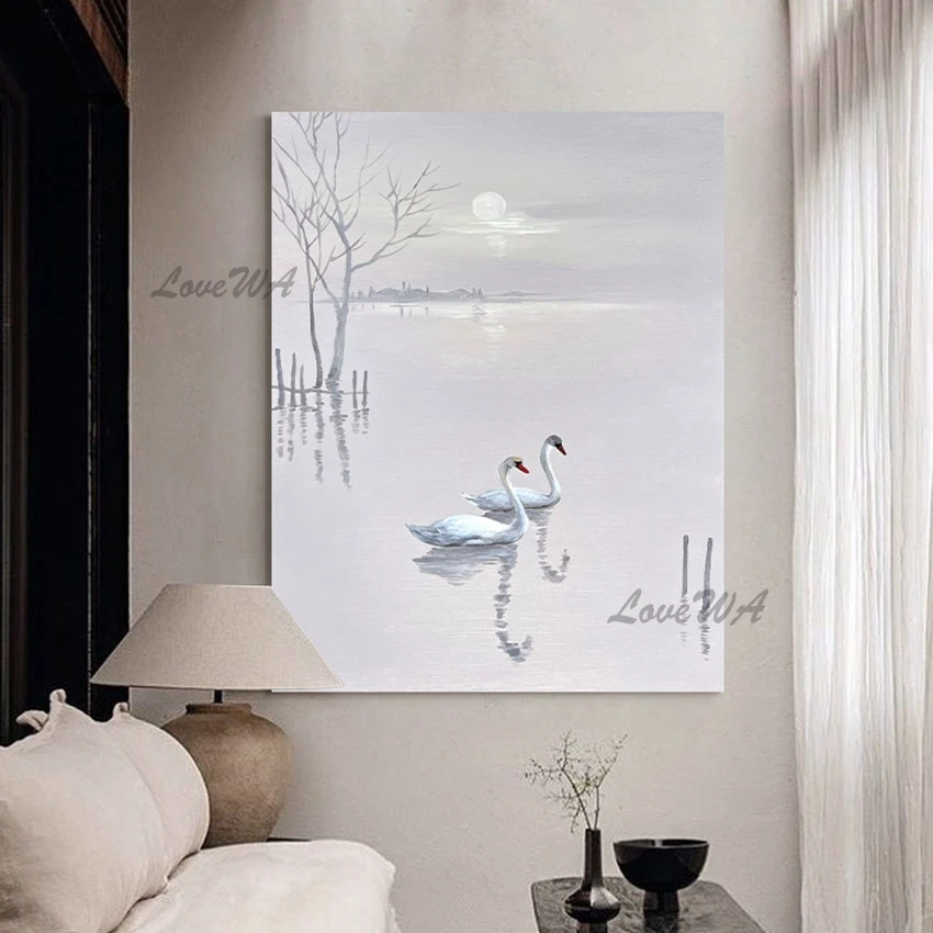 

New Arrival Elegant Swan Animal Oil Painting High Quality Natural Scenery Wall Picture Home Interior Decor Artwork Unframed