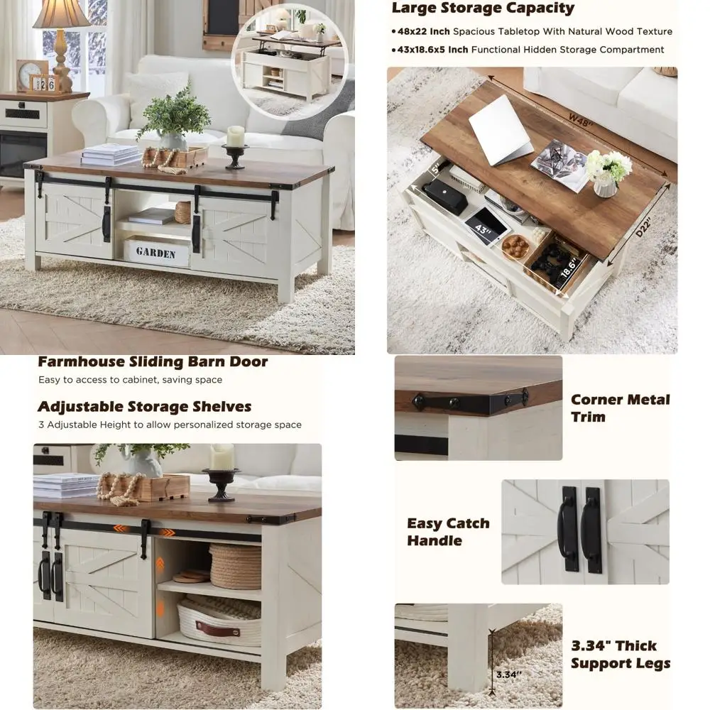 

Farmhouse Style Lift-Top Coffee Table with Sliding Barn Door and Hidden Storage