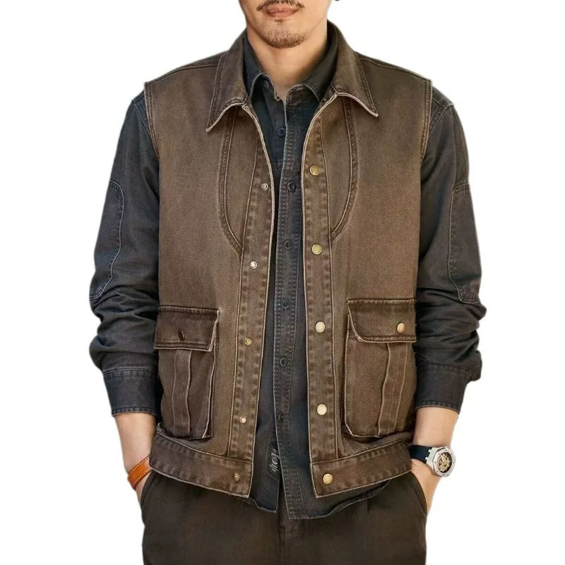 Retro Workwear Rustic Style Waistcoat Men's Mountain-style Outdoor Tactical Loose Jacket Casual Coat Vest Simple and Fashionable