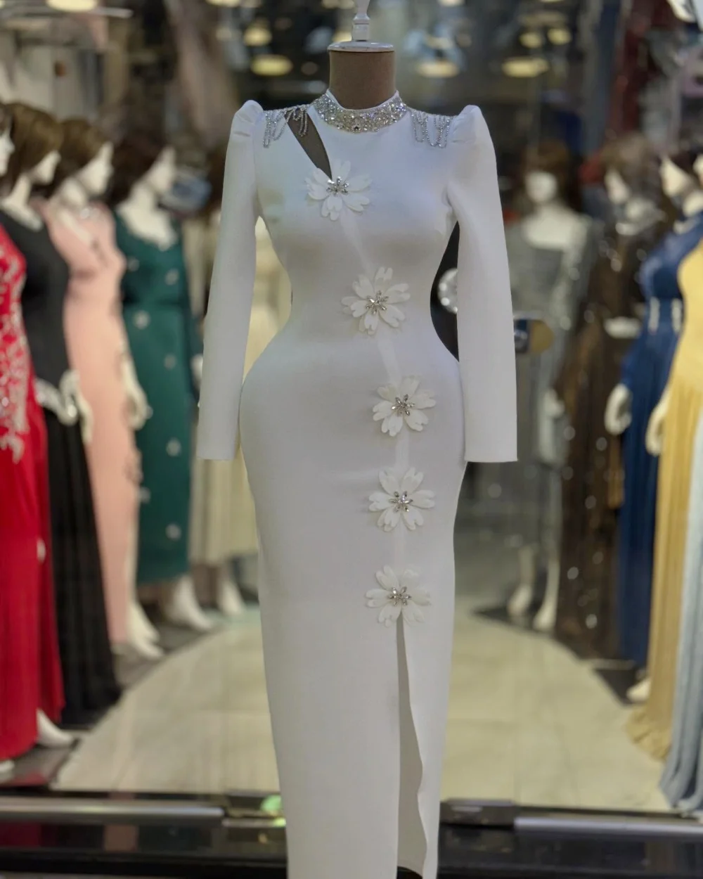 

Customized Pastrol Jersey Pleat Applique Sequined Sheath High Collar Long Bespoke Occasion Prom Dresses Elegant