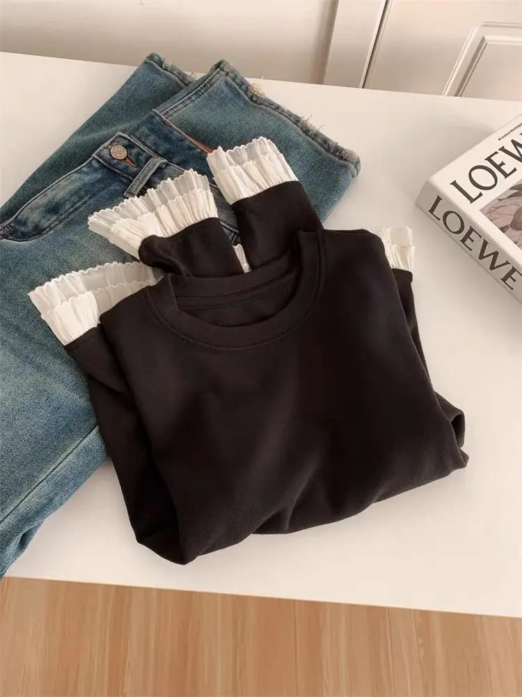 Y2K الدانتيل التي شيرت المرأة الرجعية المرقعة كم طويل الرقبة المستديرة نحى قاعدة ملابس خارجية أوائل الربيع