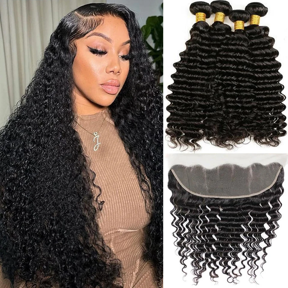 Deep Wave Bundles Curly Human Hair HD Transparent Lace Frontal Wig With Frontal Loose Hair Bundles Closure for Women