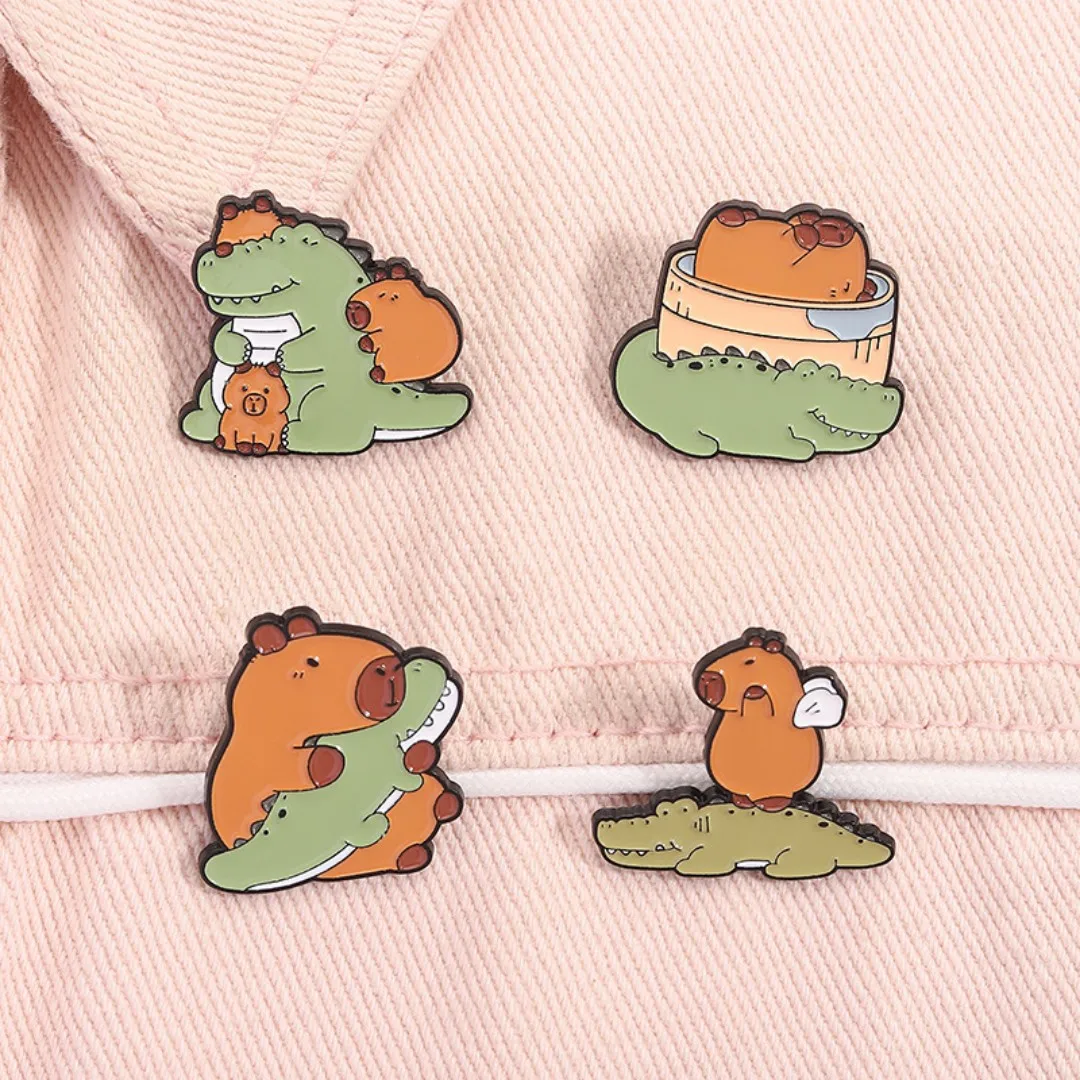 Cartoon Capybara And Crocodile Best Friend Metal Badge Cute Animal Funny Brooches Backpack Enamel Pins Jewelry Gift Wholesale