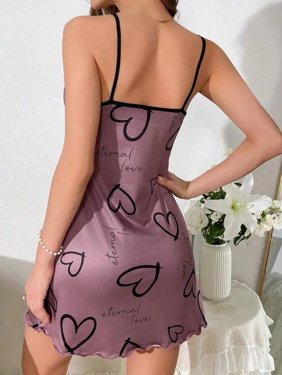 

Heart Print Slogan Cami Nightdress With Lettuce Trim And Contrast Binding