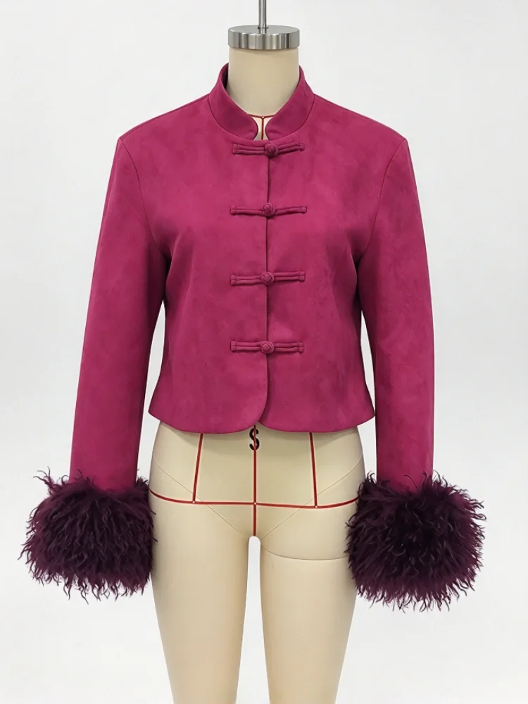 Vintage Damen Cropped Jacke mit Flauschigem Pelzmanschetten-Design, Kleiner Stehkragen, Einreihig, 2026 Neues Herbst-Winter-Street-Outfit – Detail 1