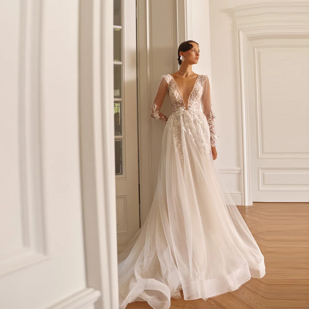 Sexy scollo a V maniche lunghe abito da sposa da donna splendido a-line tulle abiti da sposa lunghezza lavaggio abiti da sposa personalizzato 2026