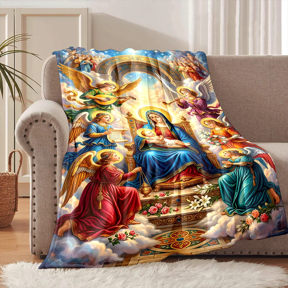 1PC Virgin and angels surrounded Faith-printed Flannel Blanket Soft and Warm Suitable for Home Travel Picnics Camping RV Use