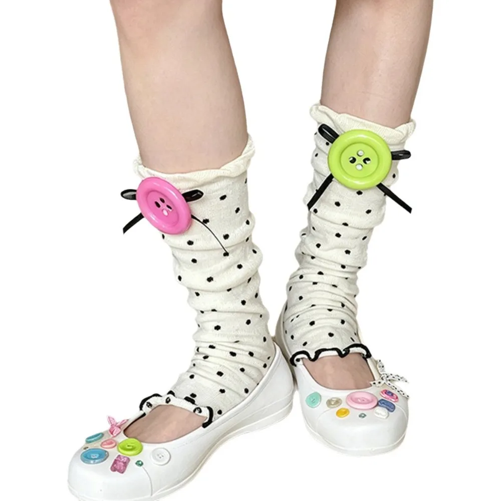 Trendy Polka Dot Calf Socks Breathable Cotton Color Button Socks Stretchy Leg Warmers For Women Girls