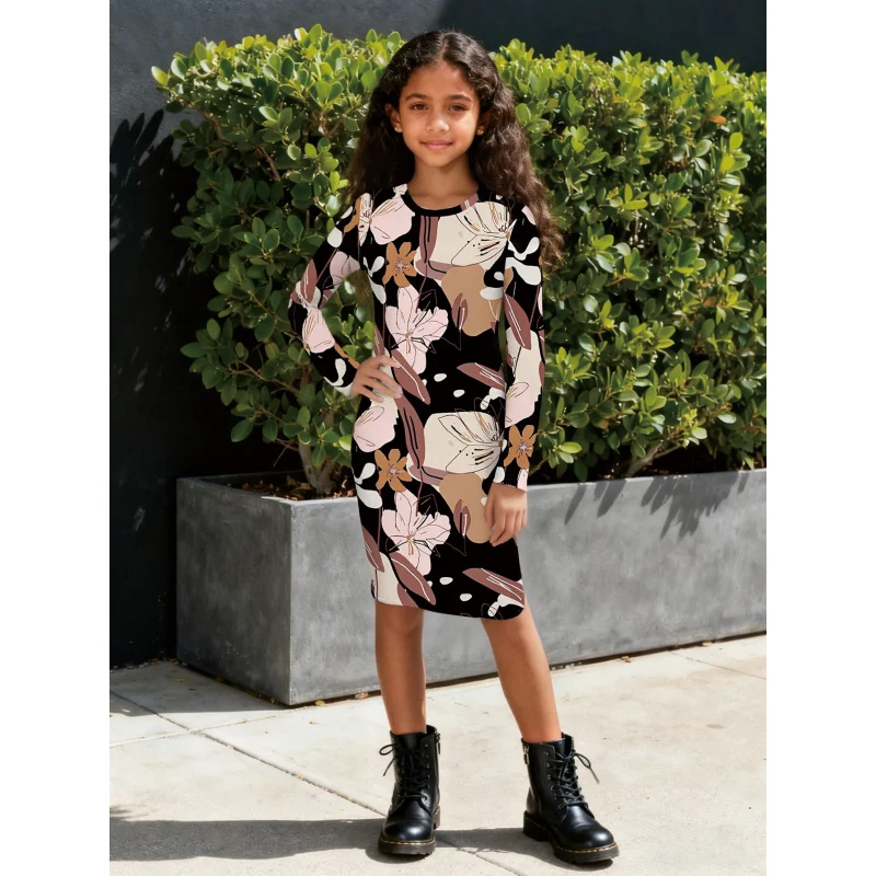 

2026 Girls' Slim-Fit Long-Sleeved Dress Small Floral Print Fashionable Children's Clothing for Kids