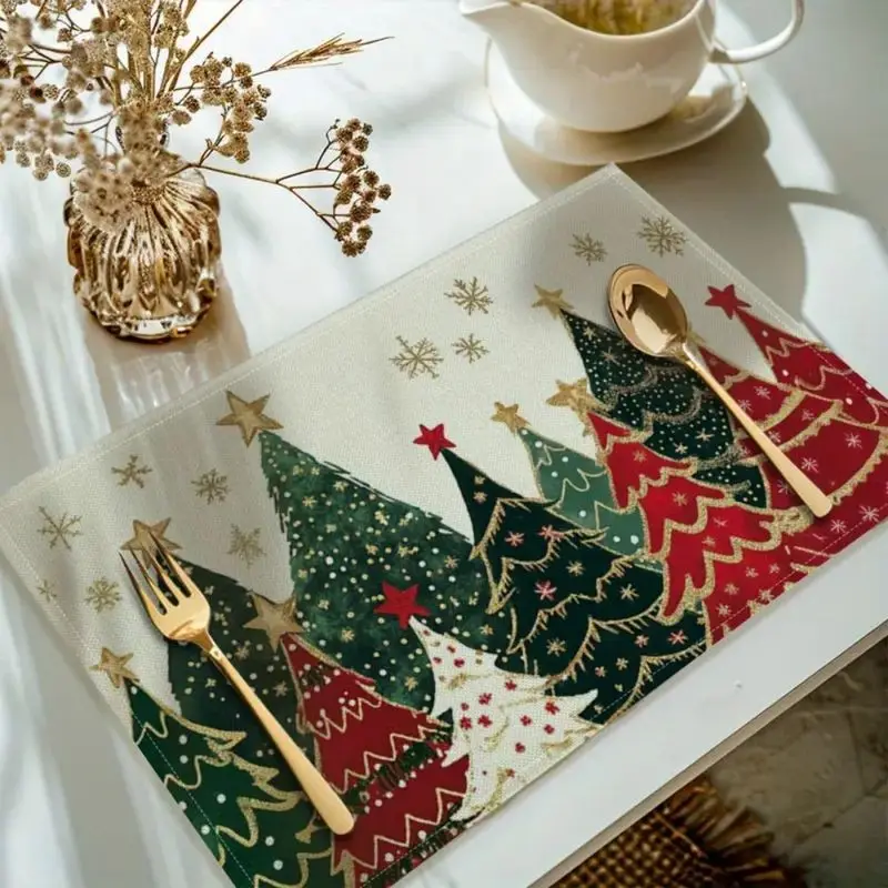 VIKAMA 2/4/6pcs Christmas Tree Snowflake Printed Placemats Washable Heat Resistant Non Slip Table Mats Holiday Dining Home Decor