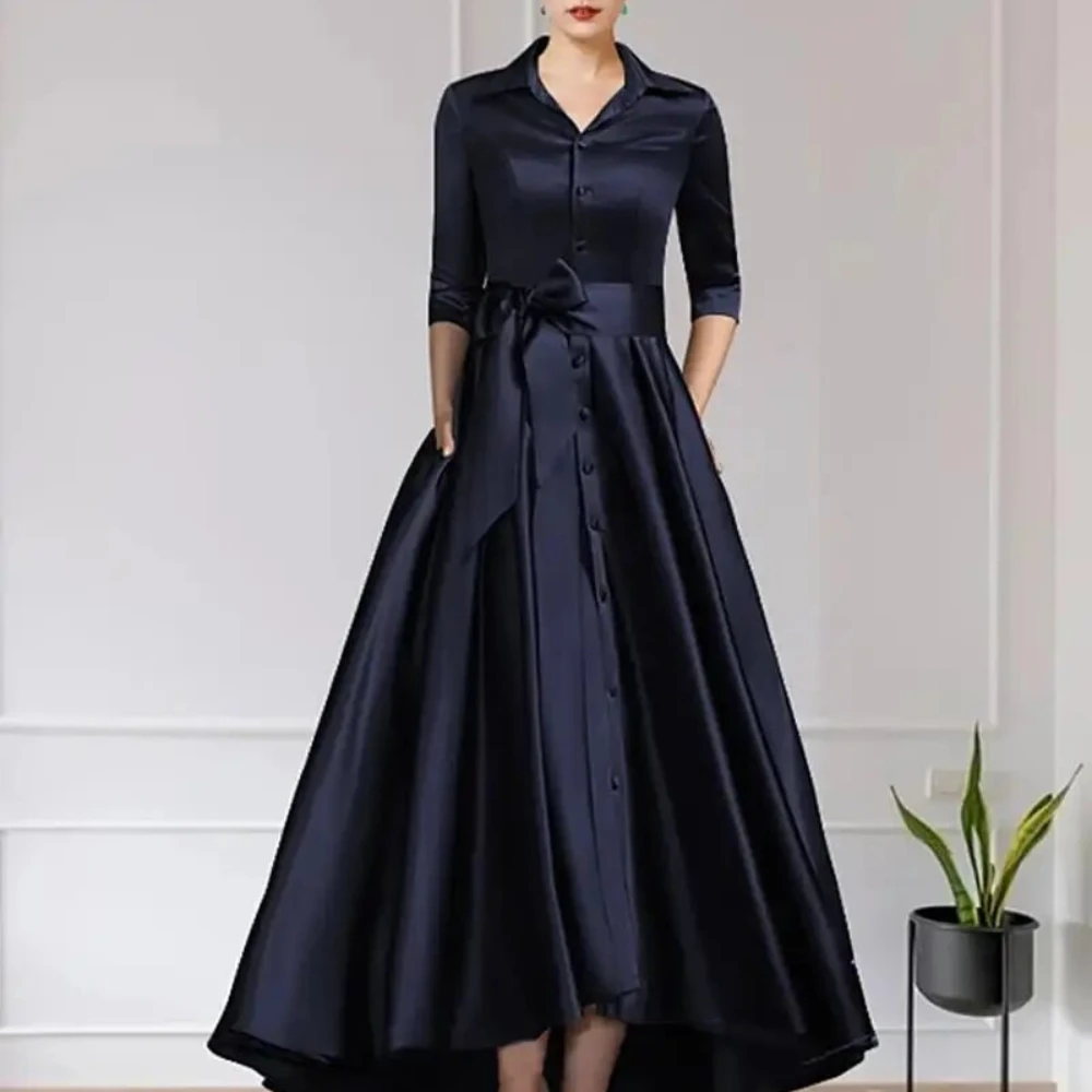 Formal Dress Women Charming Dark Navy Mother of The Bride Dresses Elegant V-Neck A-line Bow Belt Wedding Party Robes Sleeves