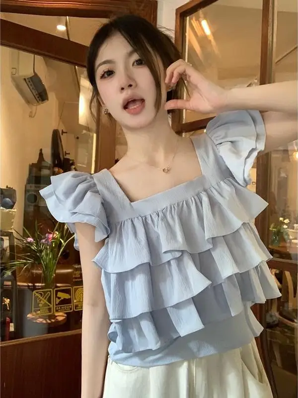 

Sweet Style Short Sleeve Shirt Women's Summer Small Size Design Sense Square Collar Lace Trim Flying Sleeve Top