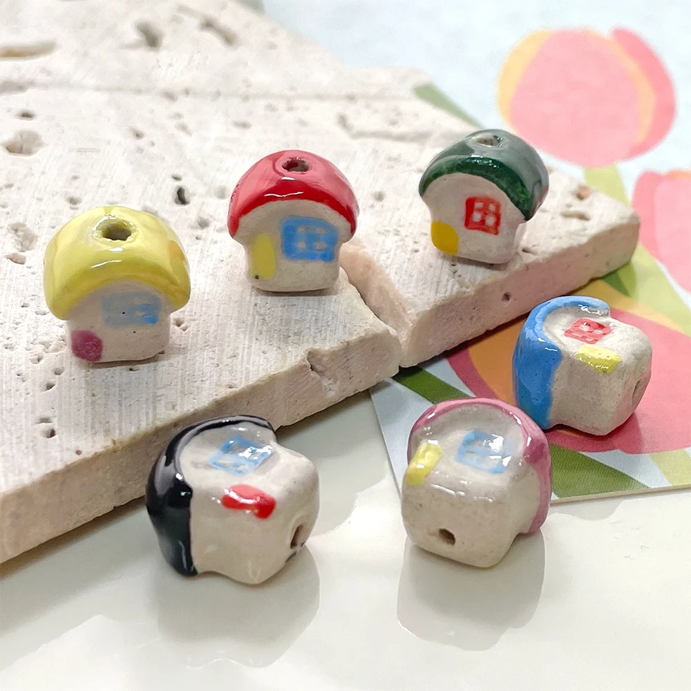 4 PCS Ceramic Drip Oil Hand-painted Retro Small House Beads DIY Jewelry Making Necklace, Bracelet, Clothing Accessory Materials