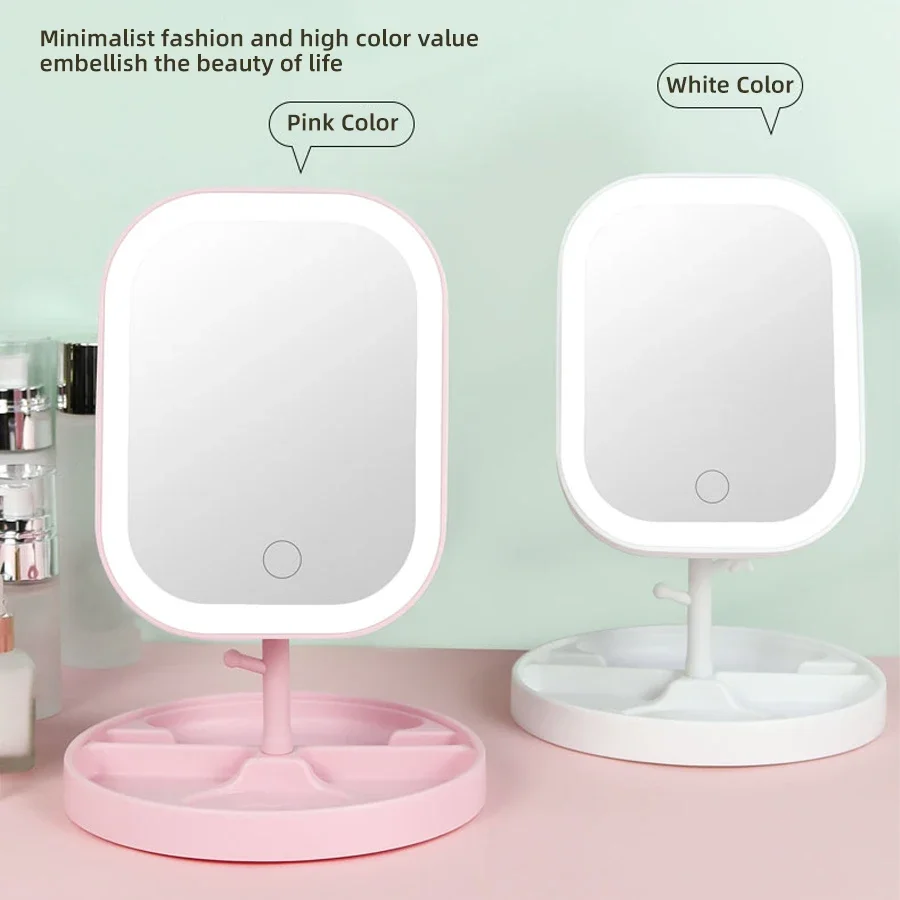 LED Rotatable Travel Makeup Mirror 3 Colors Light Modes USB Rechargeable Touch Screen Portable Tabletop Cosmetic Mirror White