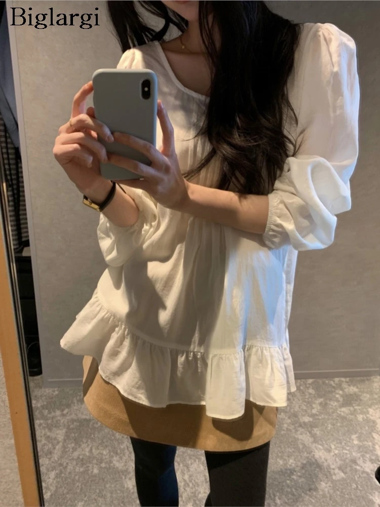 

Весенняя элегантная блузка с рюшами, женская повседневная свободная длинная блузка в корейском стиле, модные женские блузки с длинными рукавами, топы 2026