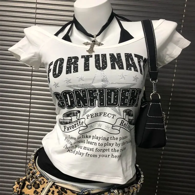 Summer Fake Two Pieces Halter Bandage Vintage T-shirts Y2k Aesthetic Slim Crop Tops Women Grunge Print Harajuku Casual Sexy Tee