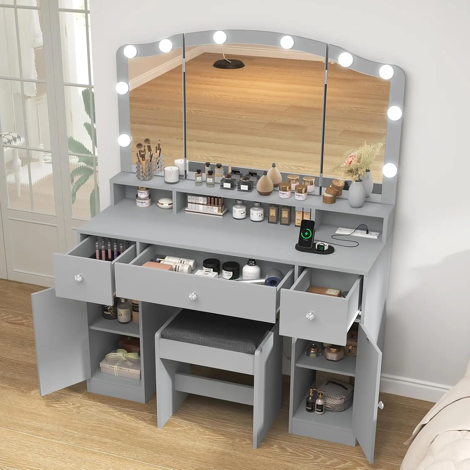 Vanity Desk with Triple Folding Mirror, Makeup Vanity with Power Outlet, Vanity Desk with 10 Lights, 3 Drawers & 2 Cabinets.